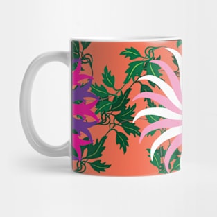 White, Pink, Cerise and Purple Flowers on a Vine Leaves and Orange background Mug